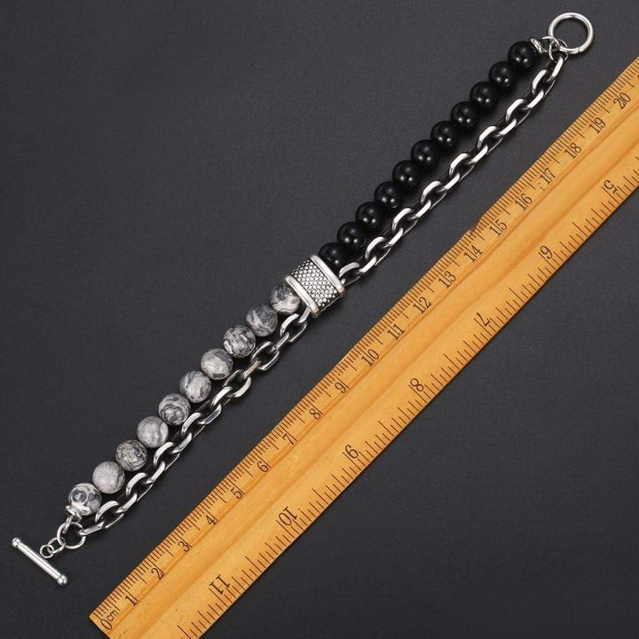 Armband mit Tigerauge-Perlen, schwarz-grau, Edelstahlkette, Herren-Schmuck.