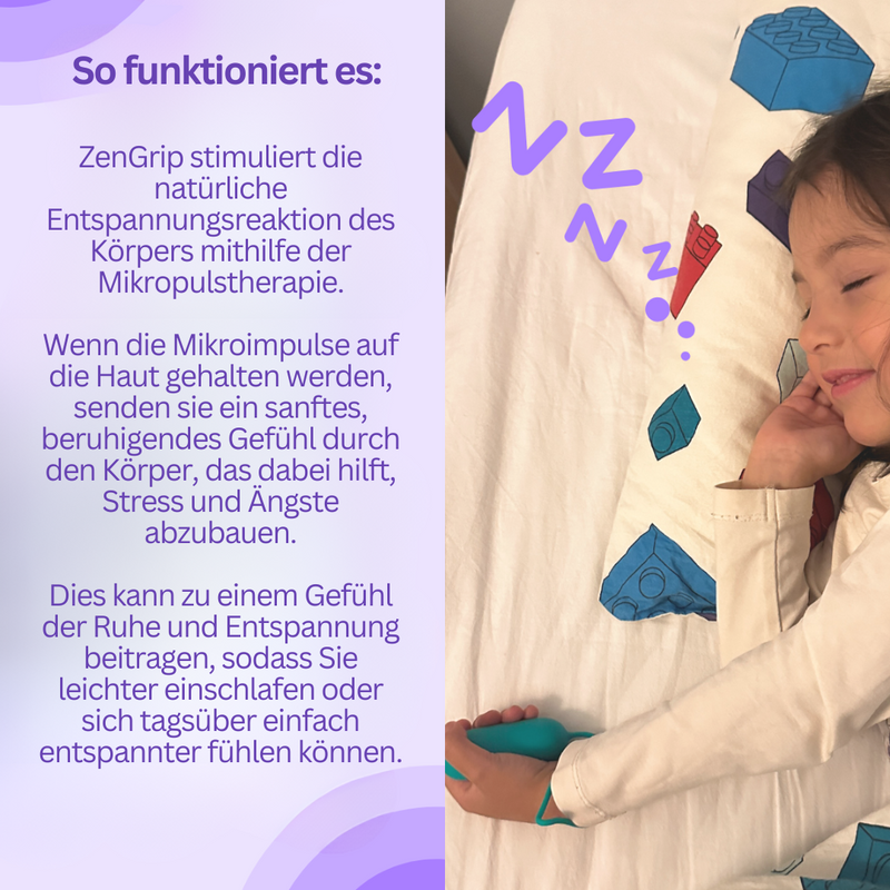 Mädchen schläft mit ZenGrip-Kissen, Mikropulstherapie, Entspannung, Stressabbau, weißes Bett.