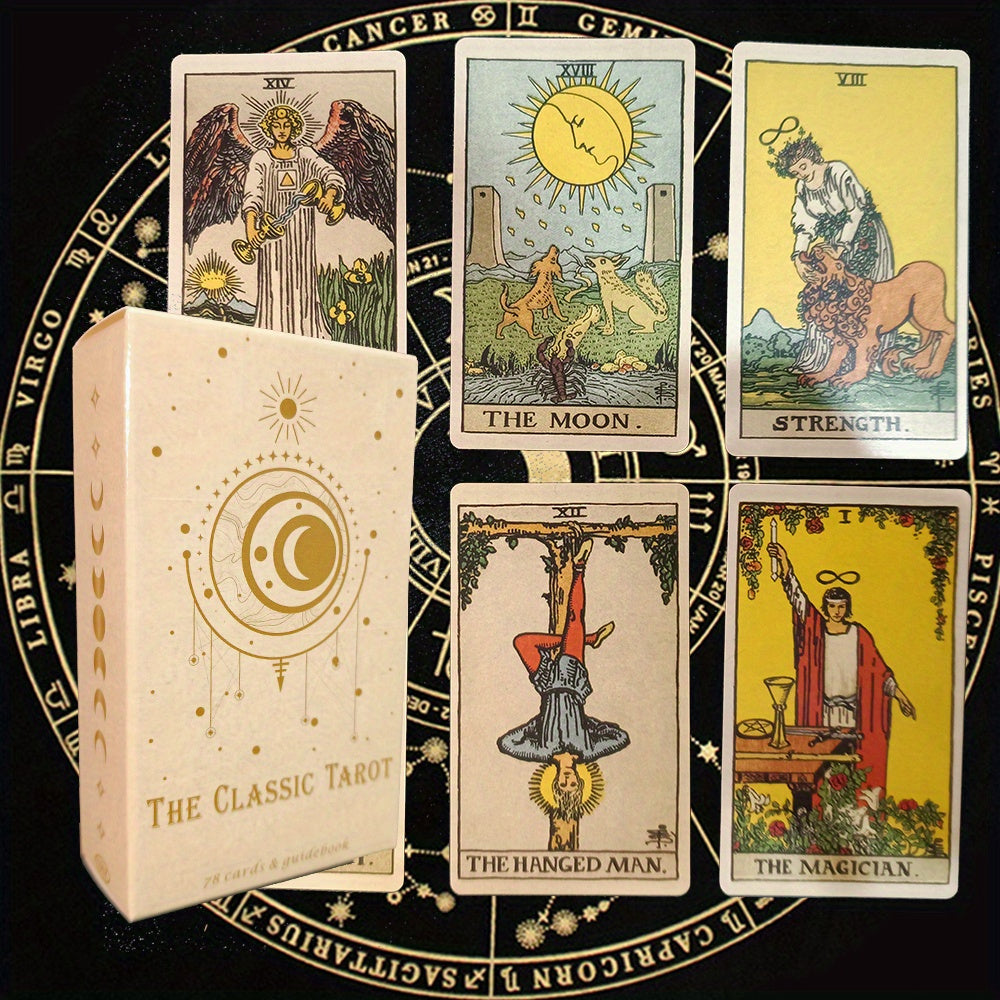 Klassisches Tarot-Set mit Karten und Schachtel, astrologische Symbole, esoterisches Design.