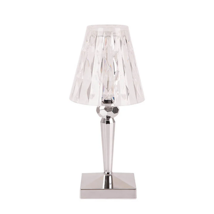 Kristall-Tischlampe, transparent, modern, elegantes Design, ideal für Wohnzimmer oder Büro.
