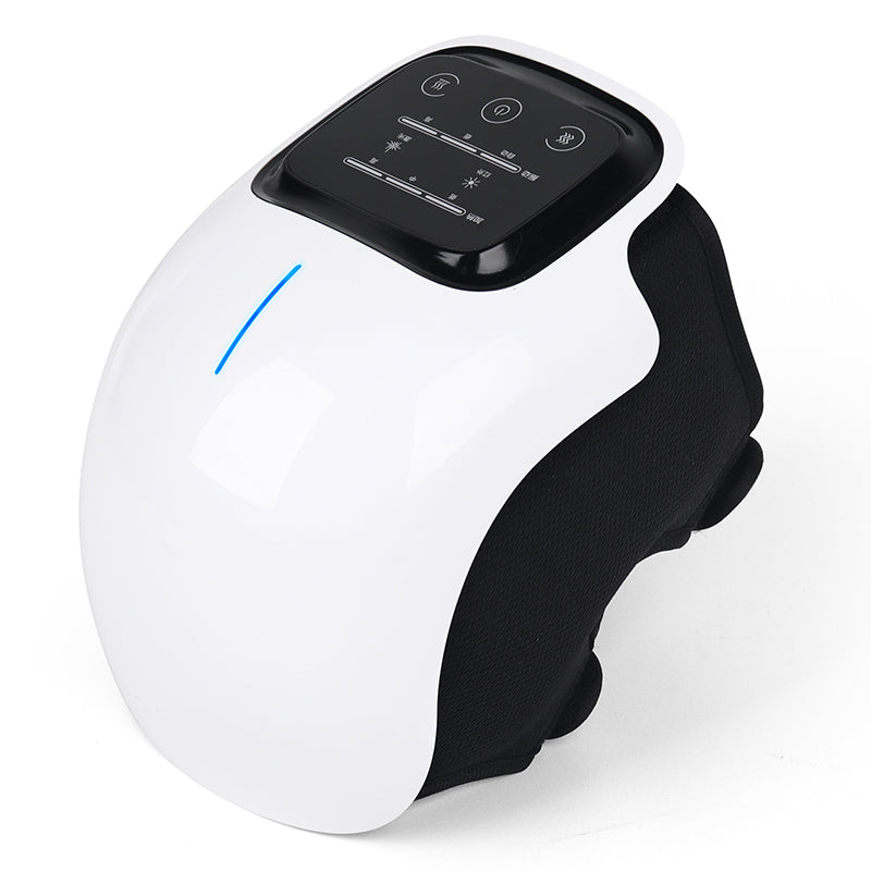 Weißes elektrisches Knie-Massagegerät mit LED-Anzeige und verstellbaren Einstellungen.