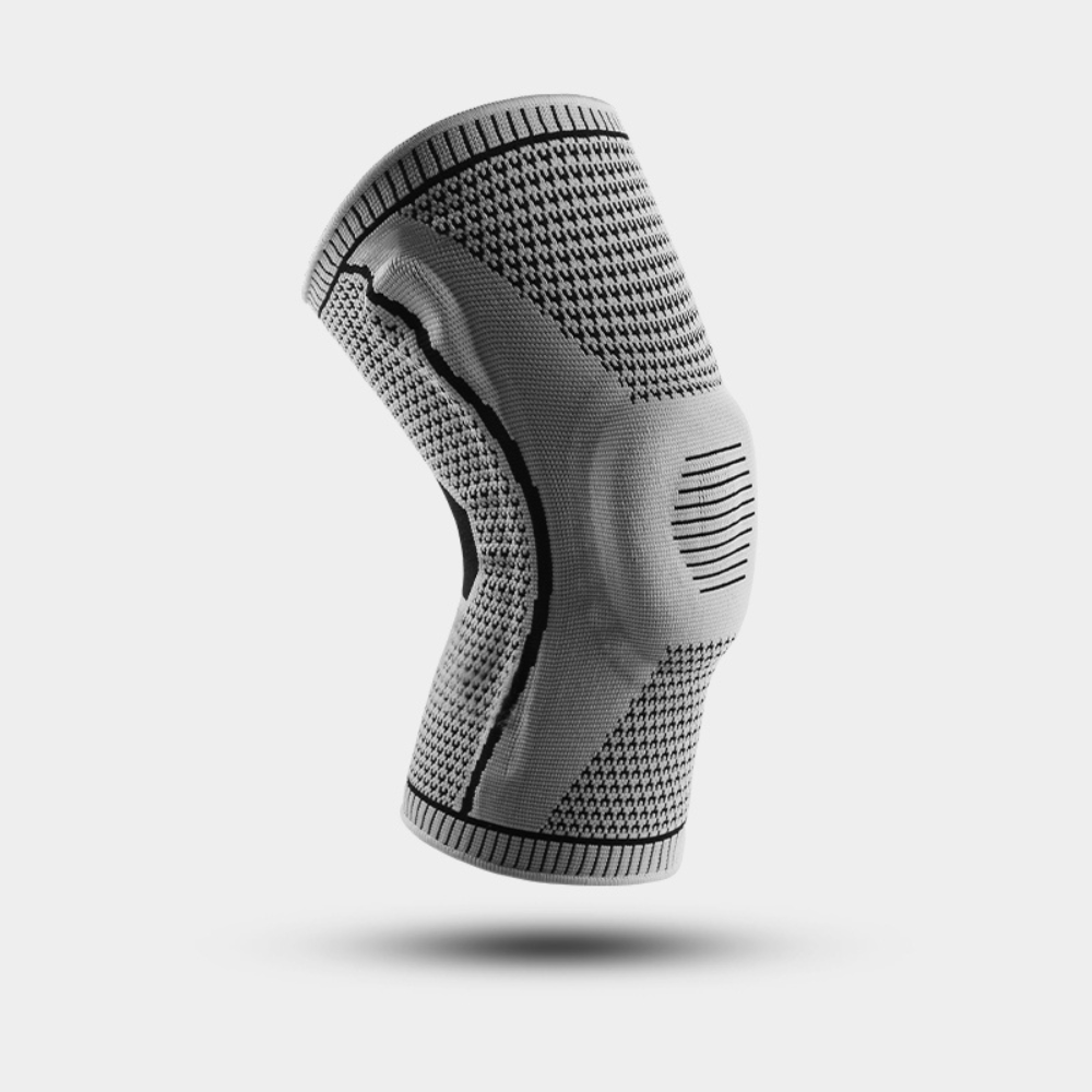 Graue Kniebandage, elastisch, atmungsaktiv, für Sport und Unterstützung.