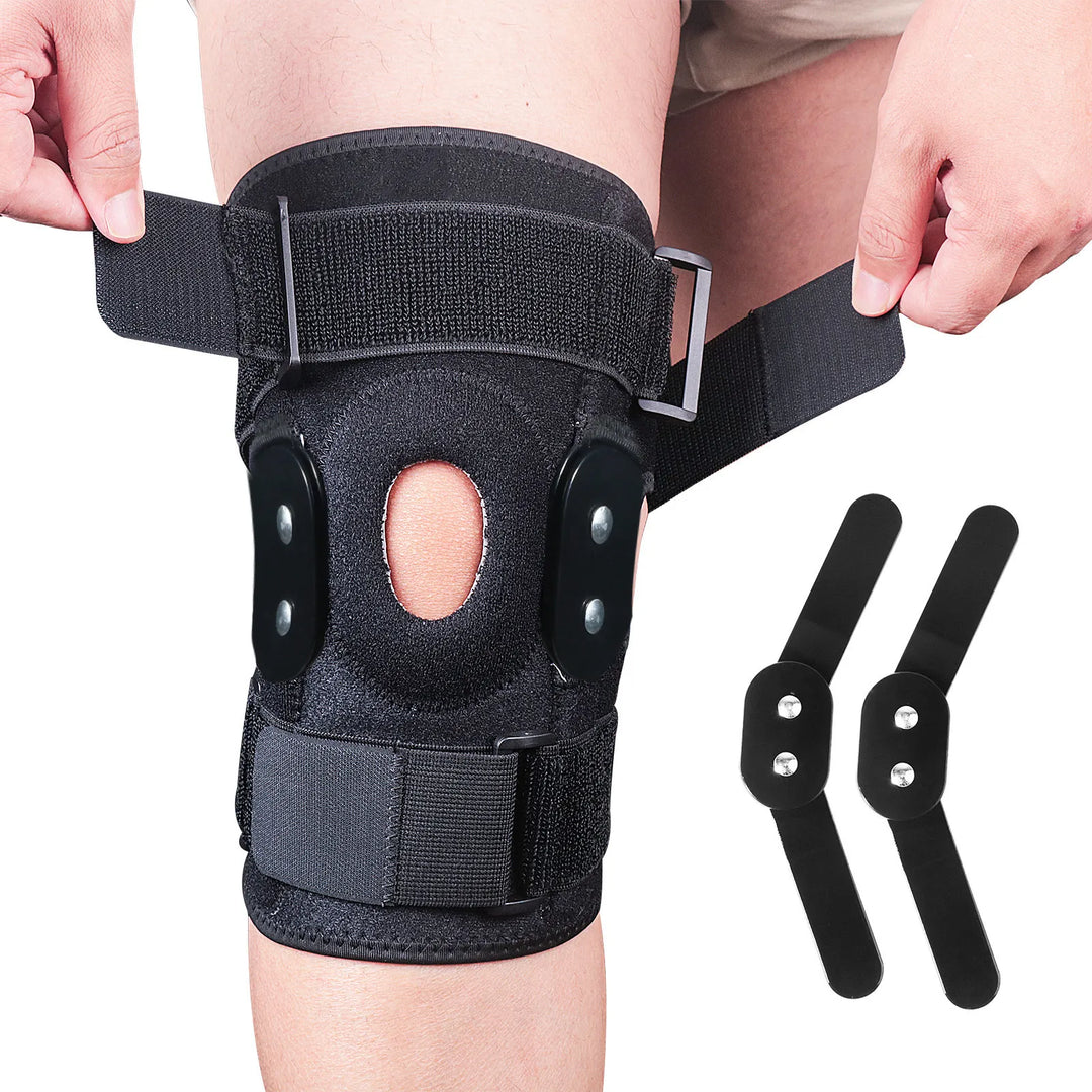 Schwarze Kniebandage mit Klettverschluss, verstellbar, für Sport und Unterstützung.