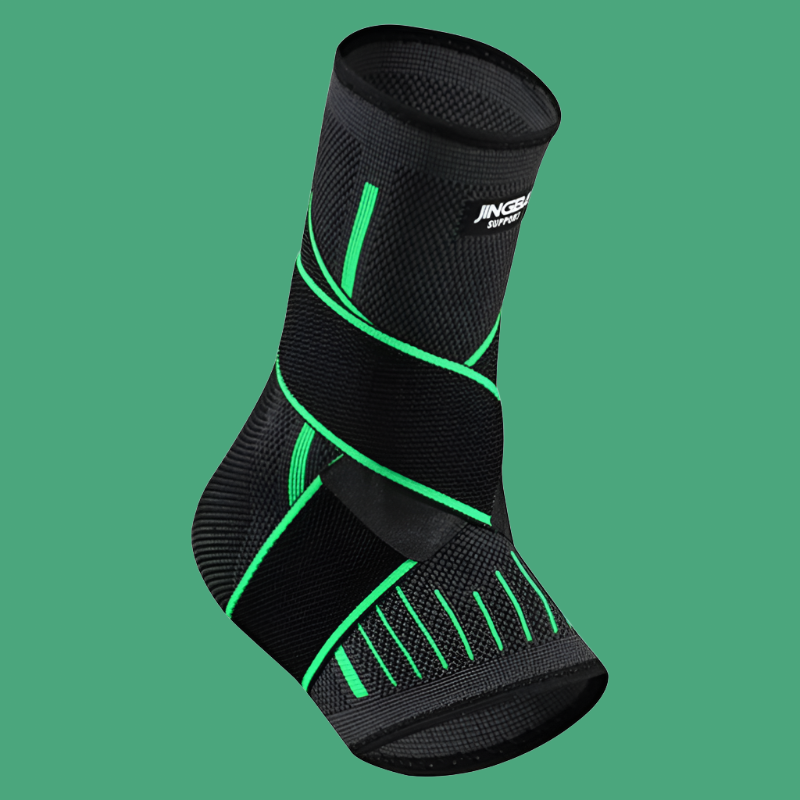 Schwarze Knöchelbandage mit grünen Streifen, elastisch, für Sport und Unterstützung.