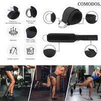 Schwarze Knöchelmanschette Fitness, verstellbar, atmungsaktiv, mit D-Ring, für Krafttraining.