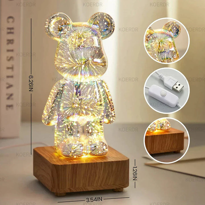 3D Bär Nachtlicht LED, Holzsockel, USB-Anschluss, dekorative Beleuchtung, 16 cm hoch