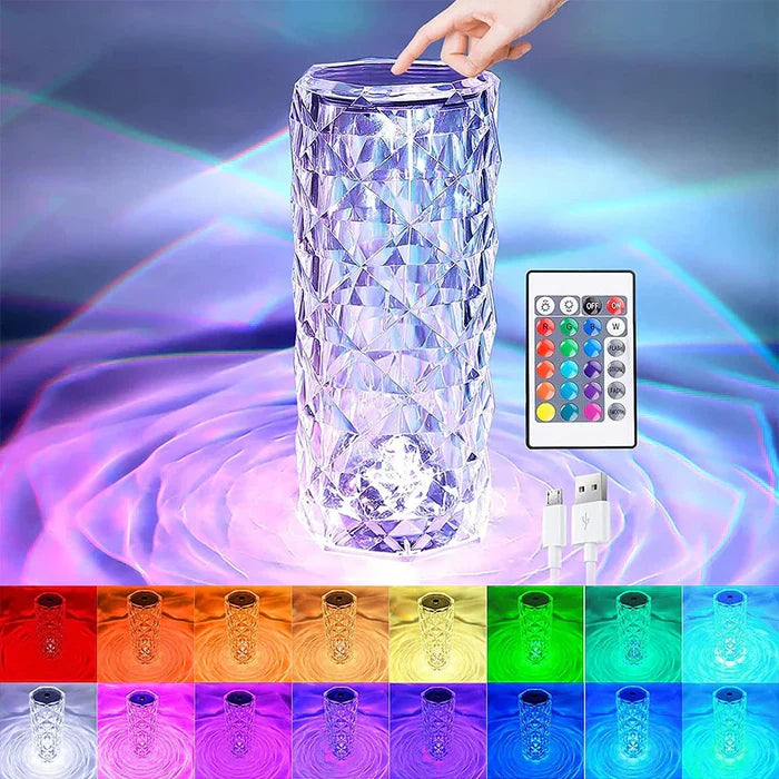 Kristall-Tischlampe mit LED-Farbwechsel, Fernbedienung, USB-Anschluss, modernes Design.