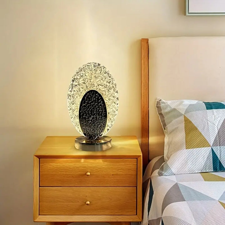 Moderne Nachttischlampe aus Kristall, oval, LED, warmweiß, Schlafzimmerdekoration.