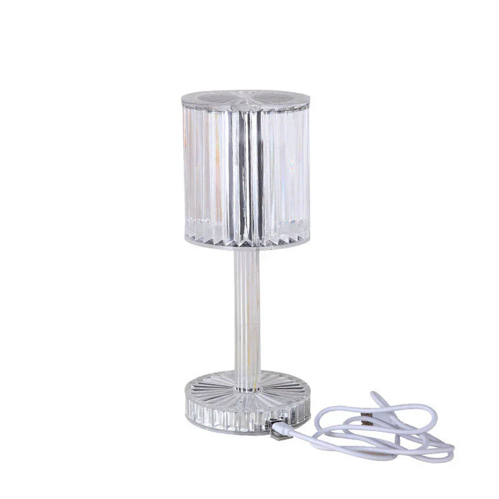 Transparente Tischlampe aus Kunststoff mit USB-Anschluss, modernes Design, zylindrische Form.