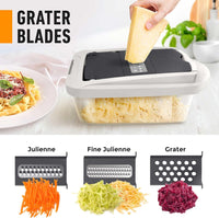 Käsereibe mit Behälter, Edelstahl, vielseitig, Julienne-Schneider, Küchenzubehör.
