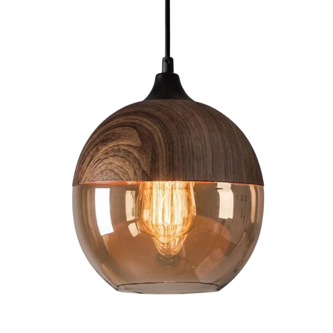 Hängelampe aus Holz und Glas, Vintage-Design, E27 Fassung, warmes Licht, Wohnzimmerbeleuchtung.