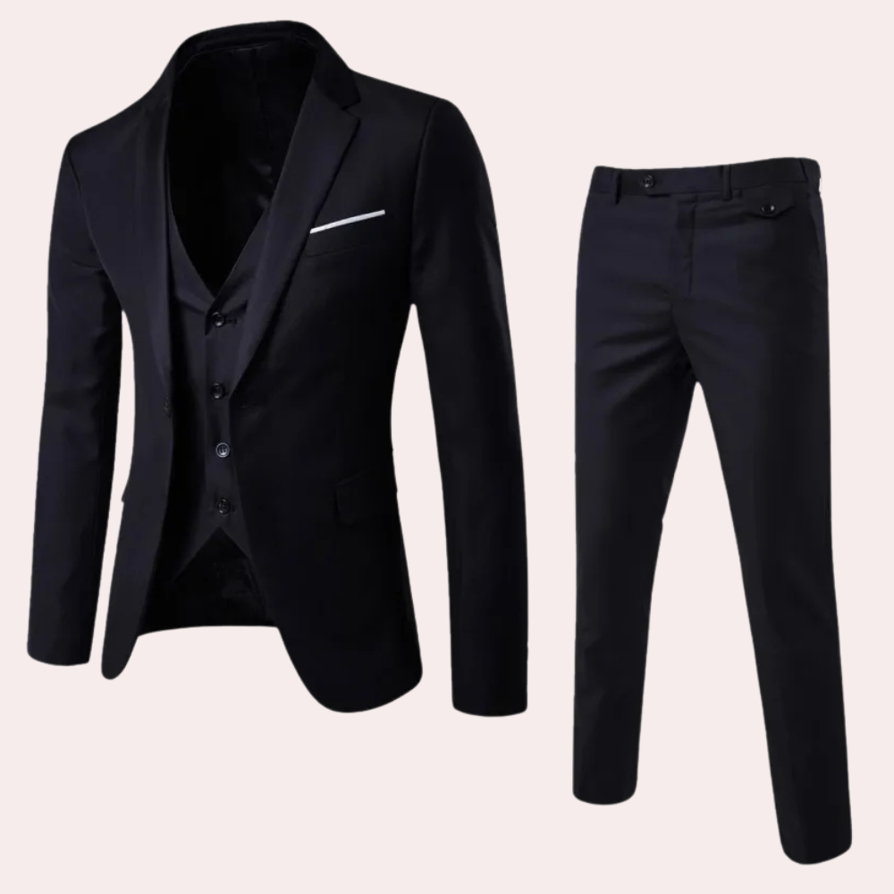 Schwarzer Herrenanzug, dreiteilig, Slim Fit, aus Polyester, ideal für formelle Anlässe.