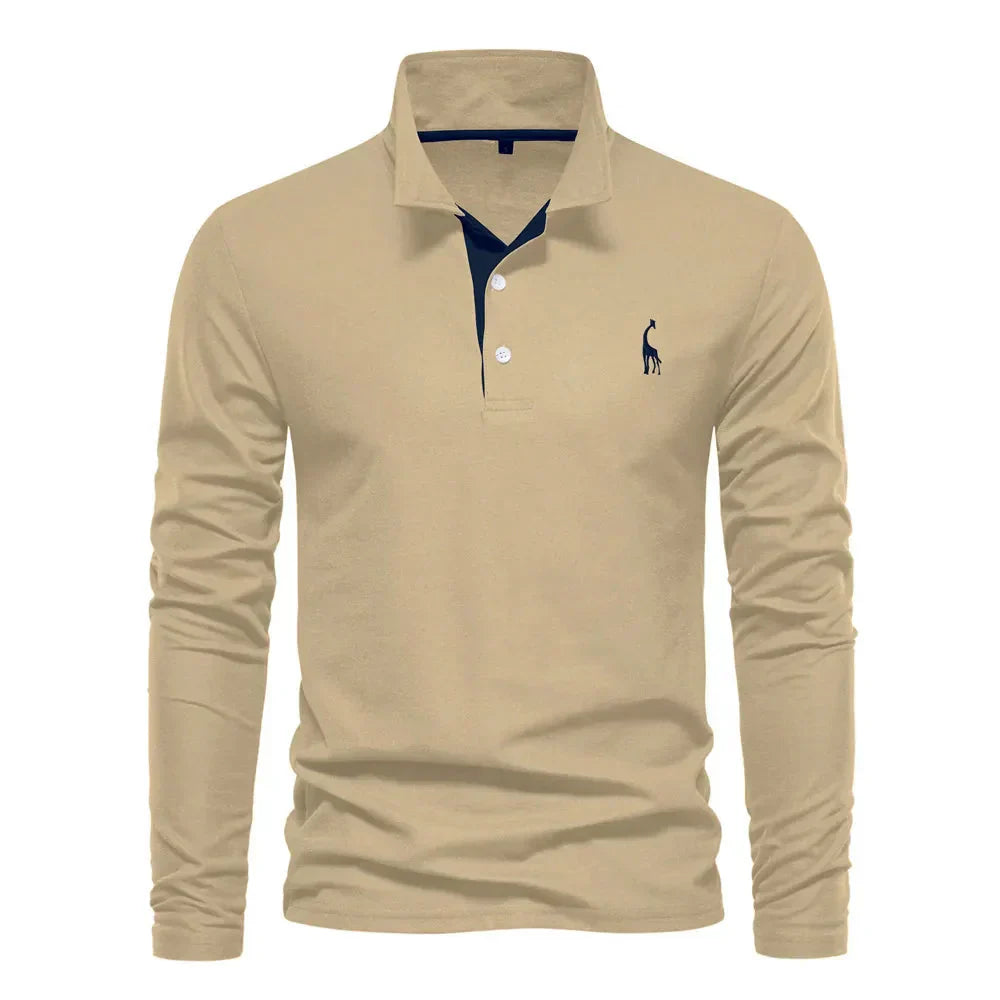 Khaki Langarm-Poloshirt für Herren, Baumwolle, klassisches Design, eleganter Freizeitstil.