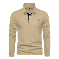 Khaki Langarm-Poloshirt für Herren, Baumwolle, klassisches Design, eleganter Freizeitstil.