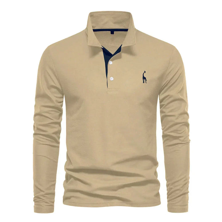 Khaki Langarm-Poloshirt für Herren, Baumwolle, klassisches Design, eleganter Freizeitstil.