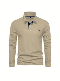 Beiges Langarm-Poloshirt mit Knopfleiste und gesticktem Logo, Herrenmode, Baumwolle.