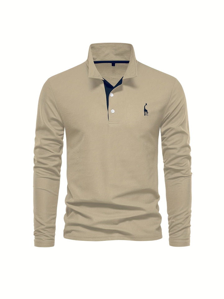 Beiges Langarm-Poloshirt mit Knopfleiste und gesticktem Logo, Herrenmode, Baumwolle.