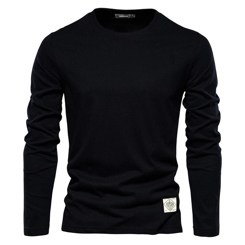 Schwarzes Langarmshirt für Herren, Baumwolle, Rundhalsausschnitt, modisch, bequem.