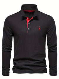 Schwarzes Langarm-Poloshirt mit rotem Kragen, Knopfleiste und gesticktem Logo für Herren.