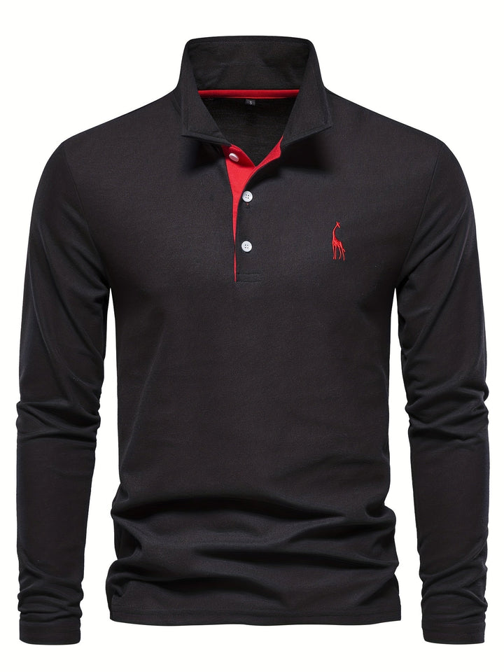 Schwarzes Langarm-Poloshirt mit rotem Kragen, Knopfleiste und gesticktem Logo für Herren.