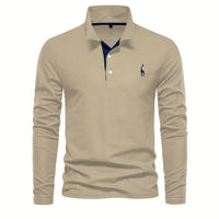 Beiges Langarm-Poloshirt für Herren, Baumwolle, klassischer Kragen, elegantes Design.