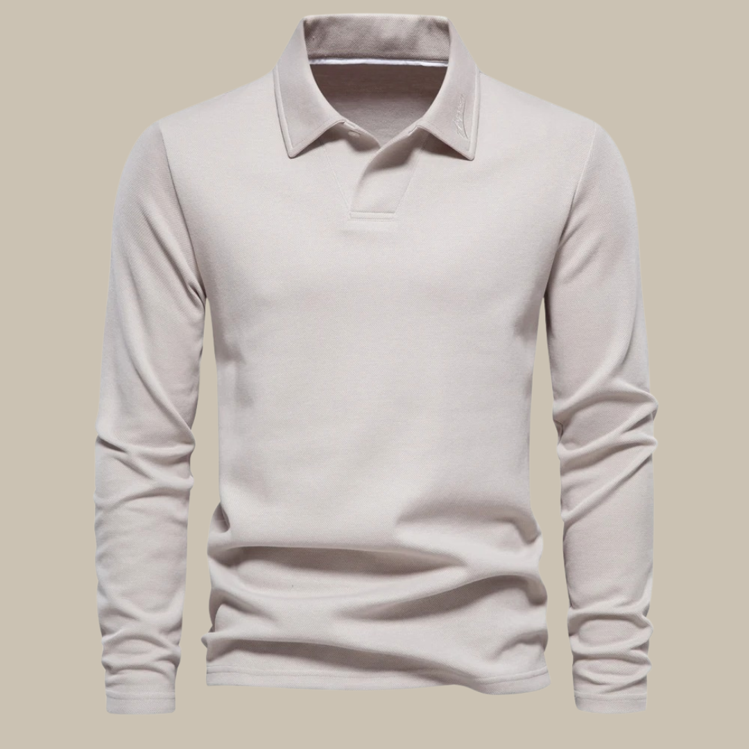 Langarm-Polohemd Herren, beige, Baumwolle, klassischer Kragen, Freizeitmode, elegant.
