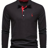 Schwarzes Langarm-Poloshirt mit rotem Kragen und Knopfleiste, Herrenmode, Baumwolle.