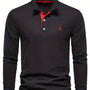 Schwarzes Langarm-Poloshirt mit rotem Kragen und Knopfleiste, Herrenmode, Baumwolle.