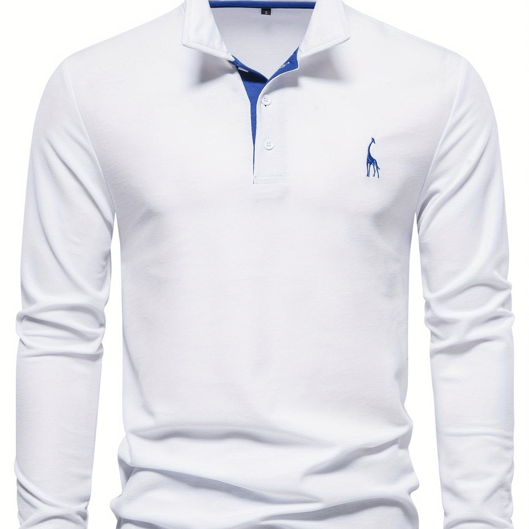 Weißes Herren-Poloshirt mit Langarm, blauer Krageninnenseite, Stickerei, Baumwolle.