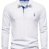 Weißes Herren-Poloshirt mit Langarm, blauer Krageninnenseite, Stickerei, Baumwolle.