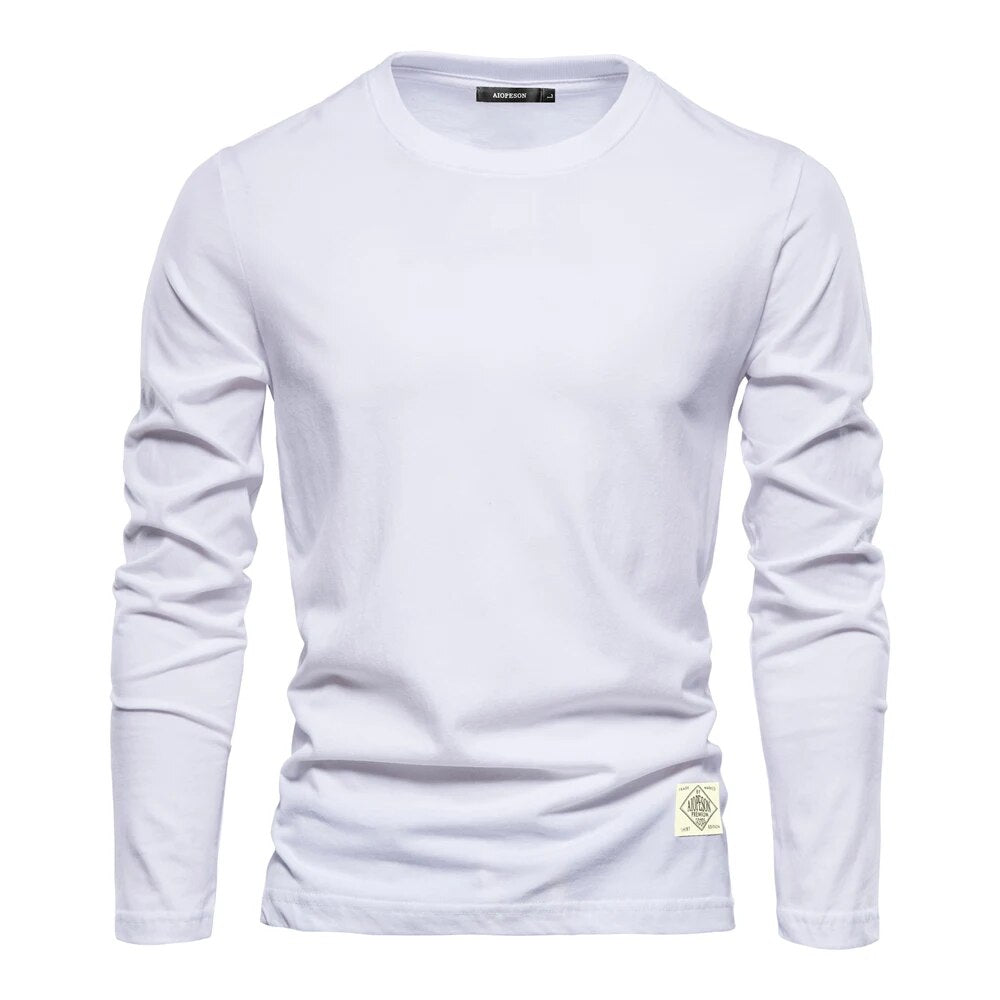 Weißes Langarmshirt Herren, Baumwolle, Rundhals, modisch, bequem, vielseitig, Freizeitkleidung.