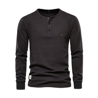 Dunkelgraues Herren-Henley-Shirt, langärmelig, Baumwolle, Knopfleiste, Freizeitmode.