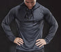 Graues Herren-Langarm-Sportshirt mit Kapuze, atmungsaktiv, ideal zum Laufen.