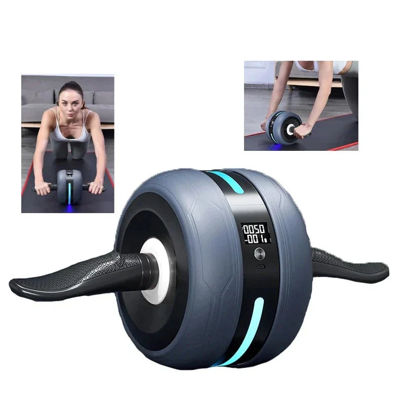 Intelligentes LED-Ab-Roller-Rad, automatischer Rücklauf, Fitnessgerät für Bauchtraining, grau.