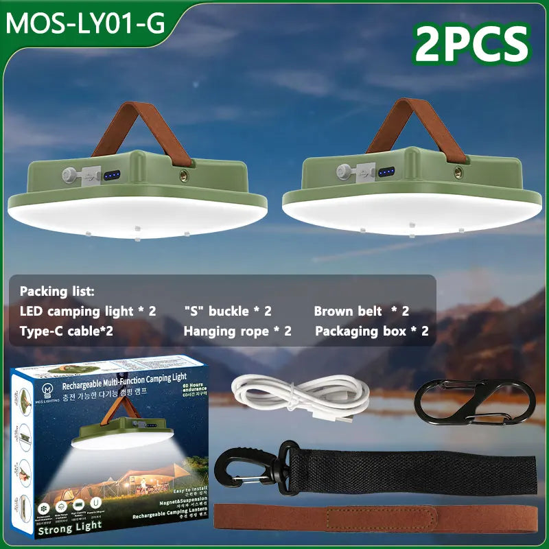 2er-Set grüne LED-Campinglampen, wiederaufladbar, mit Zubehör, ideal für Outdoor-Aktivitäten.