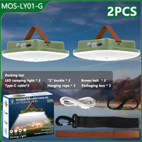 2er-Set grüne LED-Campinglampen, wiederaufladbar, mit Zubehör, ideal für Outdoor-Aktivitäten.