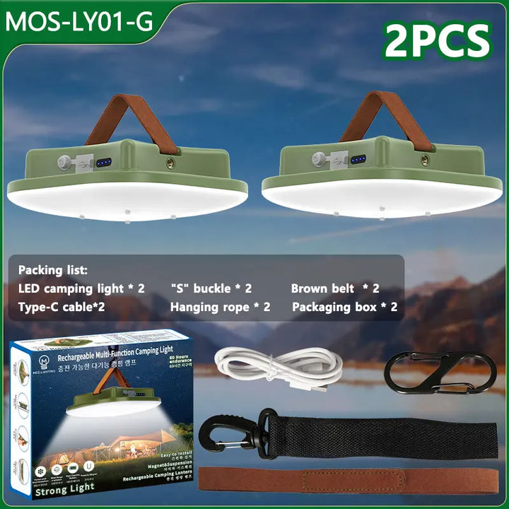 2er-Set grüne LED-Campinglampen, wiederaufladbar, mit Zubehör, ideal für Outdoor-Aktivitäten.