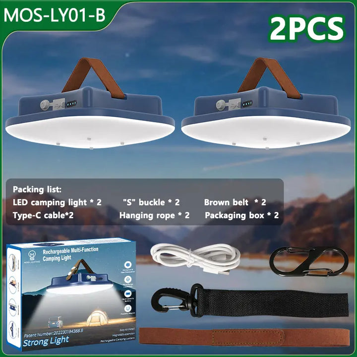 2er-Set LED-Campinglicht, blau, wiederaufladbar, mit Zubehör, ideal für Outdoor-Aktivitäten.
