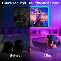 LED-TV-Hintergrundbeleuchtung, Vorher-Nachher-Effekt, Wohnzimmer, bunte Beleuchtung