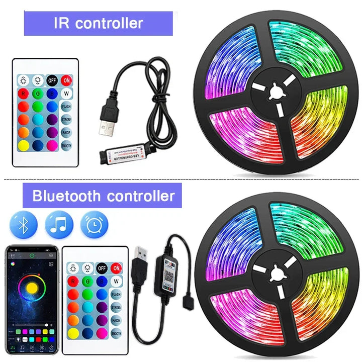 LED-Lichtstreifen Set mit IR- und Bluetooth-Controller, RGB, USB-Anschluss, Fernbedienung.