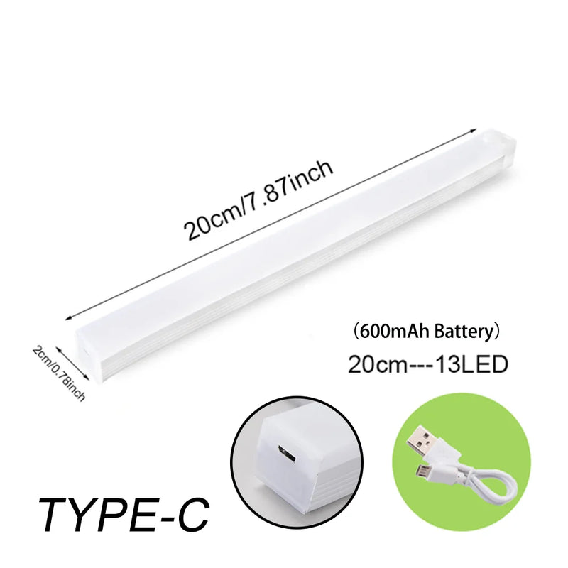 LED-Lichtleiste 20cm, 13 LEDs, USB-Typ-C, wiederaufladbar, 600mAh Akku, weiß.