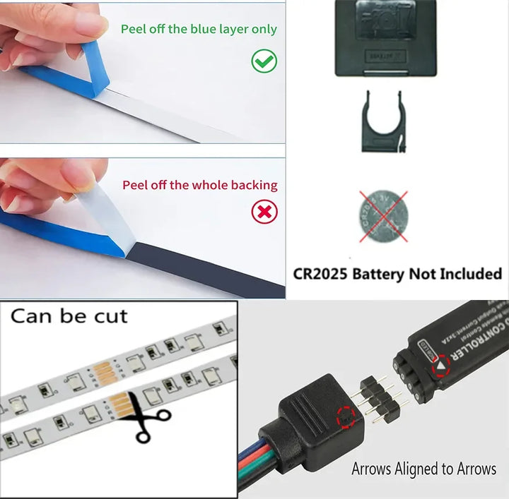 LED-Lichtstreifen mit Fernbedienung, zuschneidbar, Batterie nicht enthalten, einfache Installation.