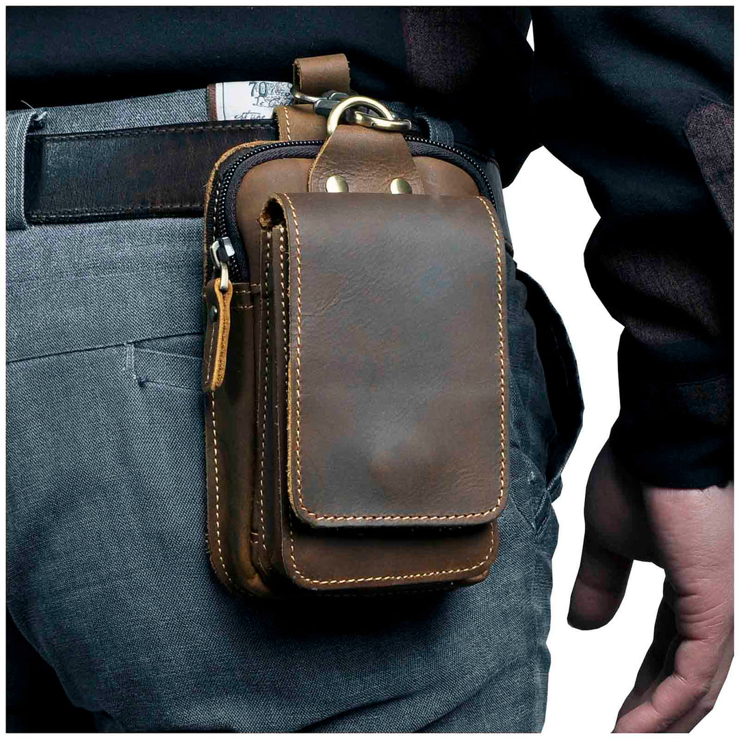 Braune Leder-Gürteltasche für Herren, multifunktional, mit Reißverschluss und Schnalle.