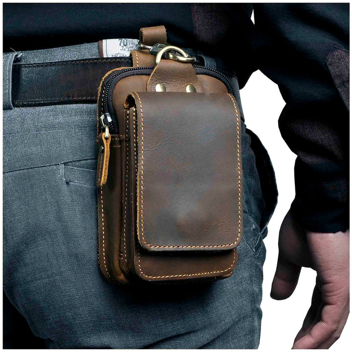 Braune Leder-Gürteltasche für Herren, multifunktional, mit Reißverschluss und Schnalle.