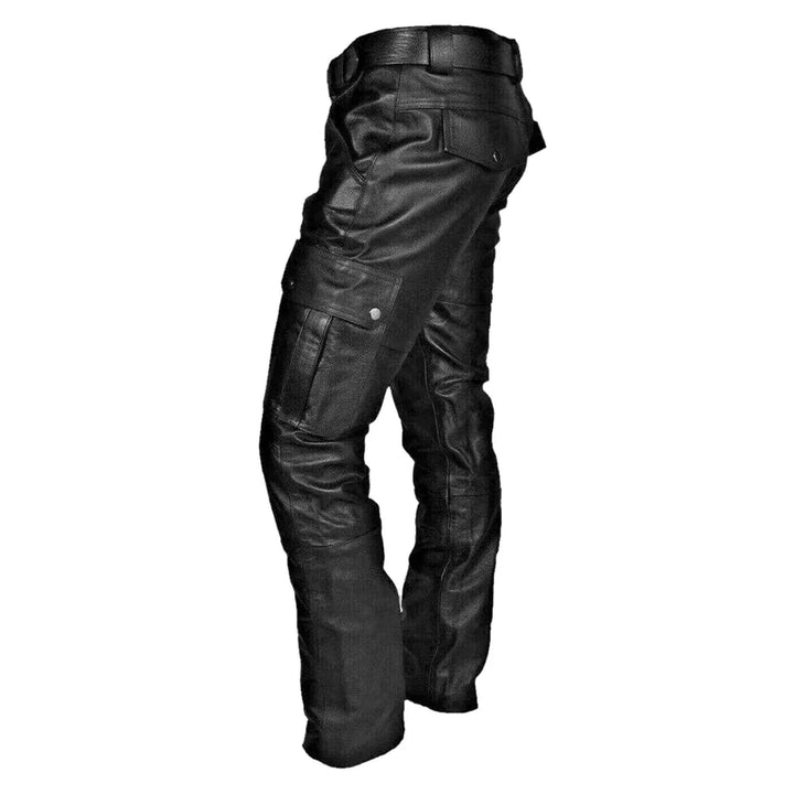 Schwarze Herren-Lederhose, hochwertig, elastisch, Motorrad-Stil, Taschen, Streetwear.