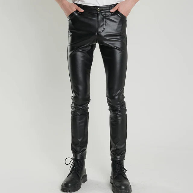 Schwarze Herren-Lederhose, Skinny Fit, elastisch, PU-Leder, modisch, für Punk-Cosplay.