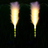 Zwei leuchtende LED-Gartenlichter in Federform, warmweiß, für Außenbereich, Nachtdekoration.