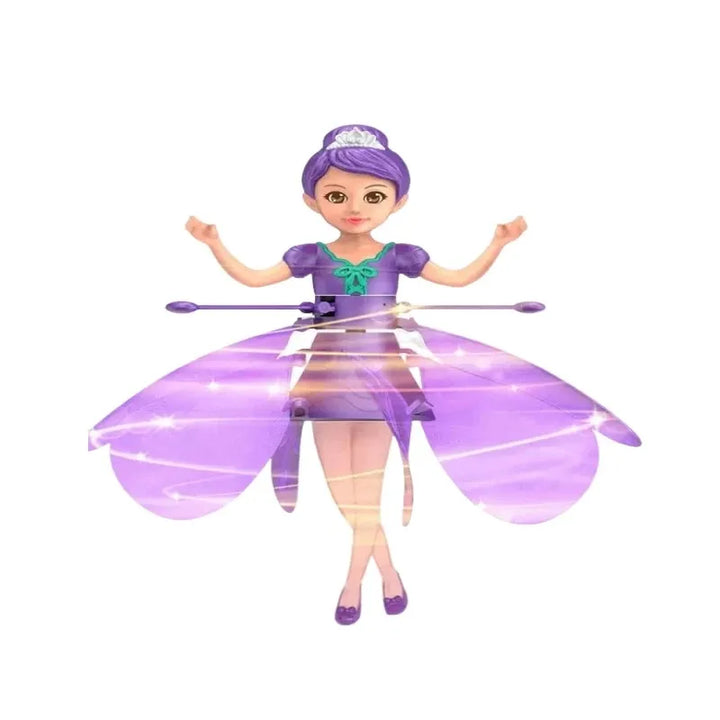 Lila fliegende Feenpuppe mit Flügeln, Spielzeug für Kinder, magische Fee, Geschenkidee.