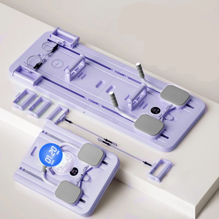 Lila Pilates-Reformator-Board mit Widerstandsbändern, multifunktionales Fitnessgerät.