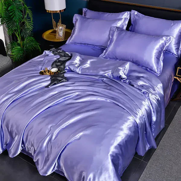 Lila Satin Bettwäsche Set, luxuriös, glänzend, 4-teilig, Schlafzimmer Dekoration, elegant.